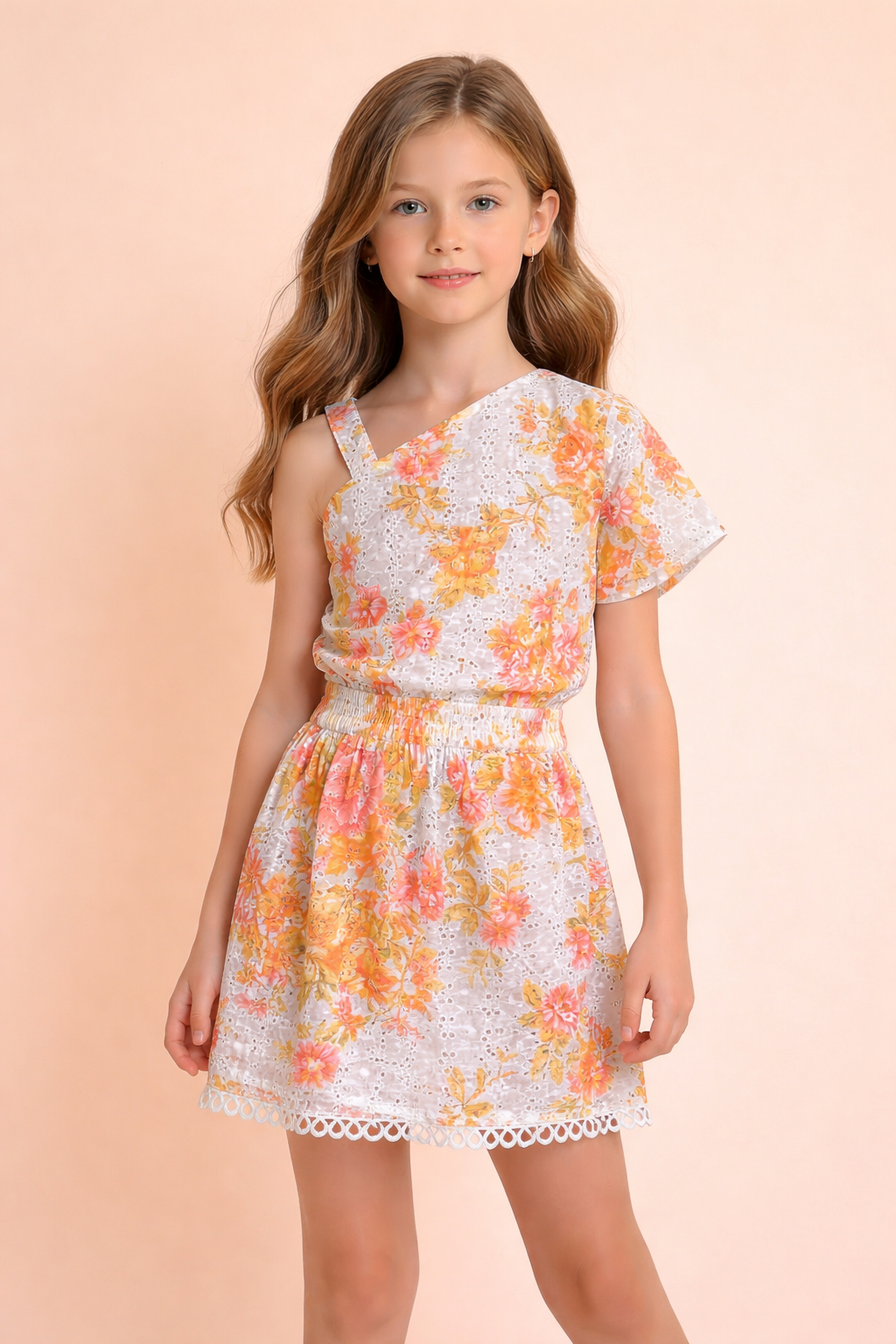 Floral Schiffli Pure Cotton White Orange One Should Top and Skirt Co-ord Set for Kids Girls
