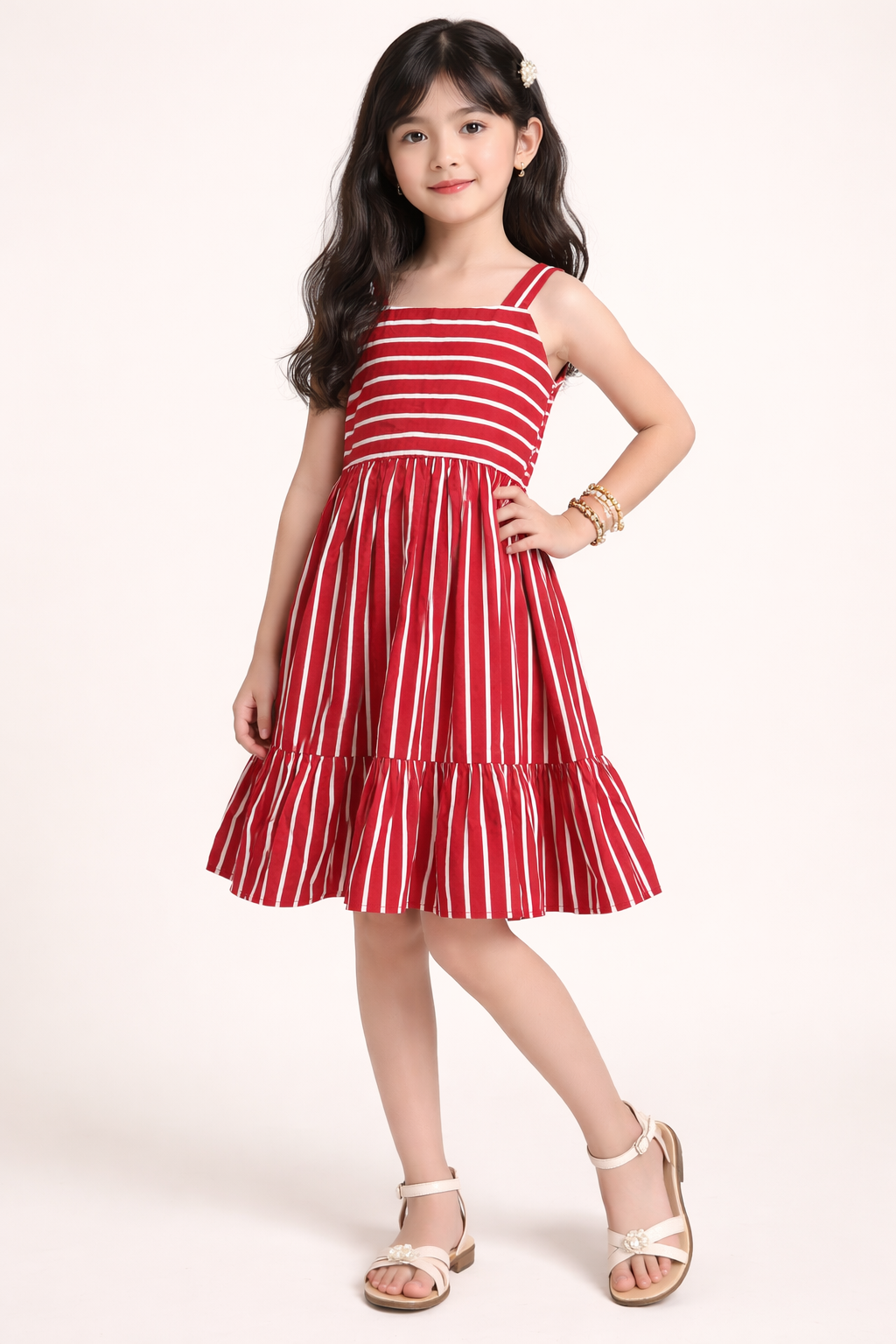 Fit & Flare A-line Pure Cotton Red & White Striped Dress for Girls