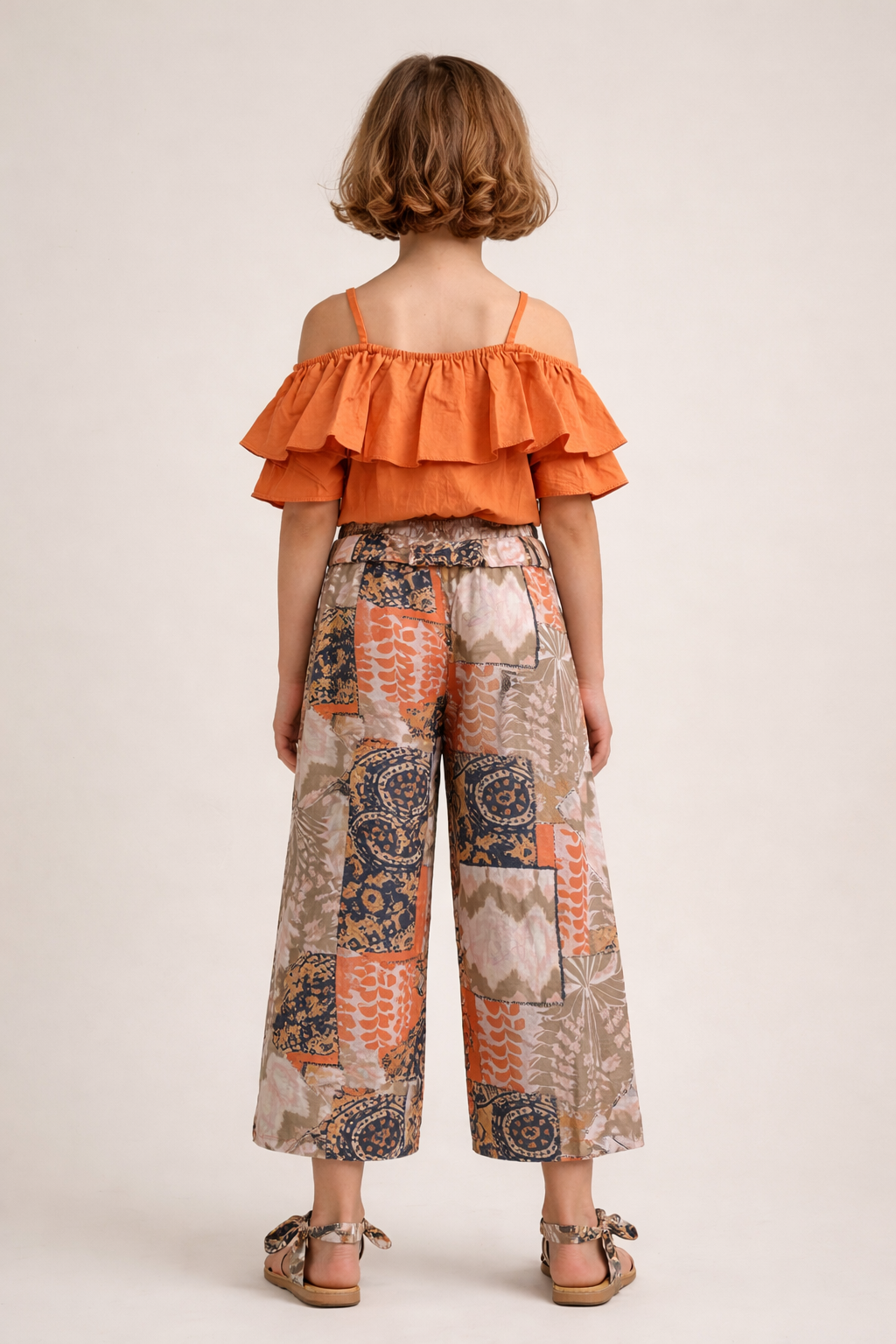 Orange Abstract Print Drop Shoulder Co-ord set for Girls