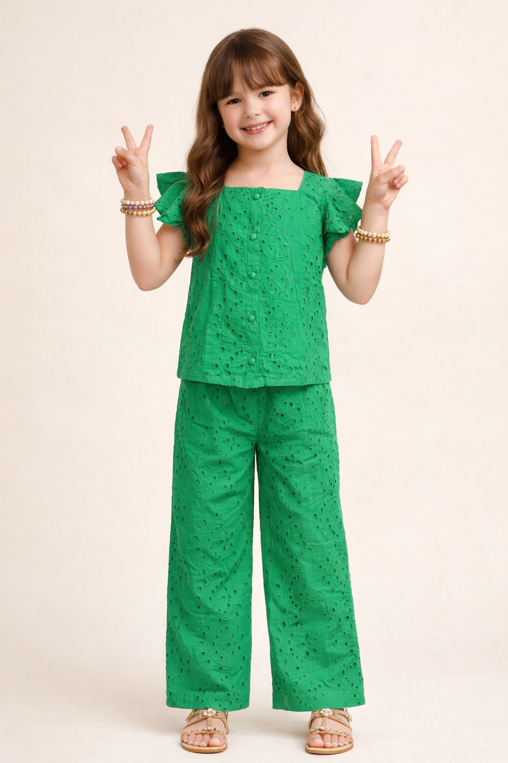 Bright Green Floral Schiffli Co-ord Set for Girls