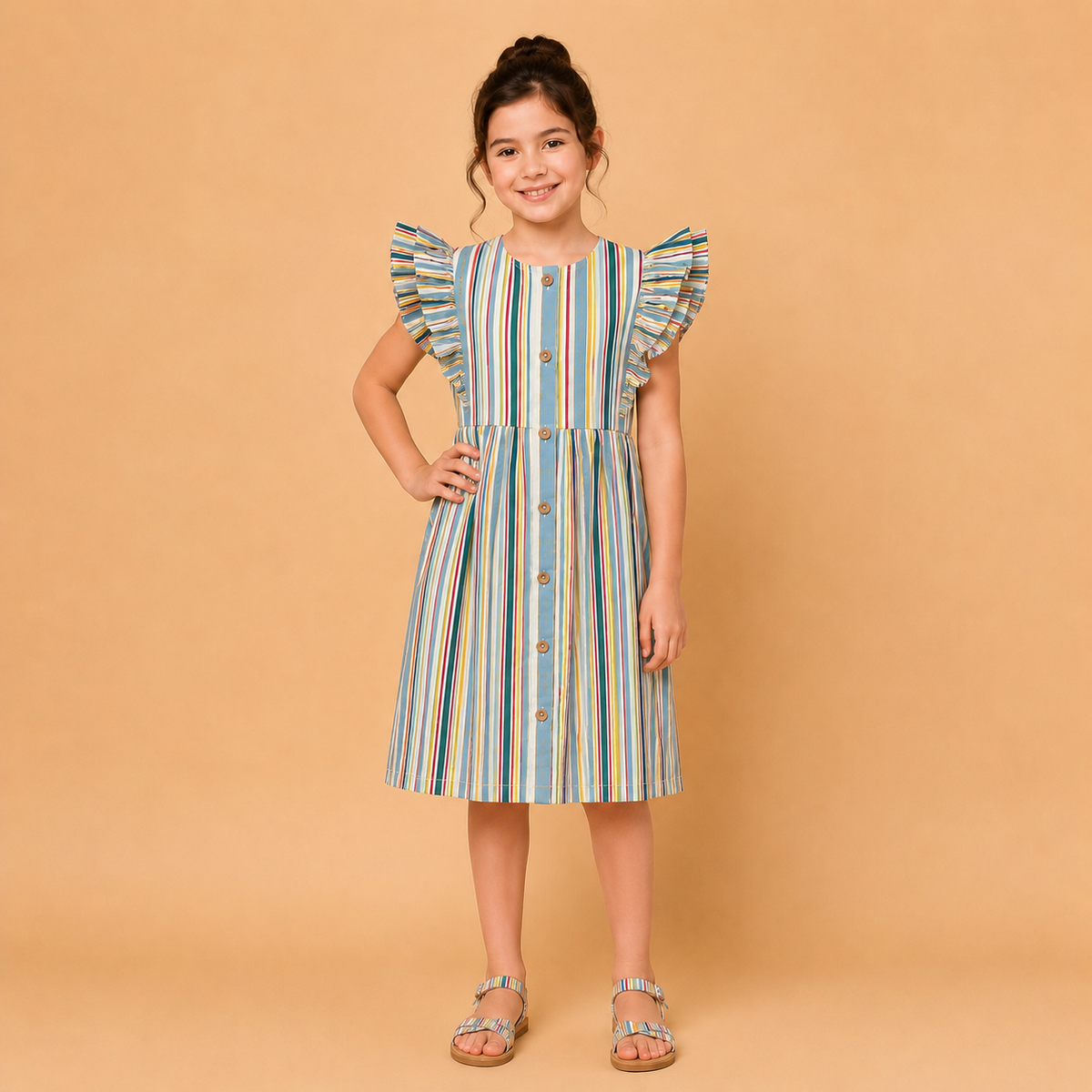 Multicolor Cotton Poplin Sleeveless Striped Dress for Girls
