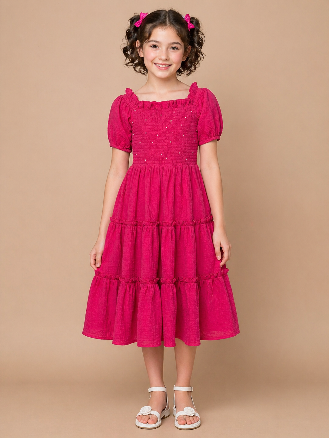Hand worked Beads on Pure Cotton Hot Pink Textured Dress for Kids Girls