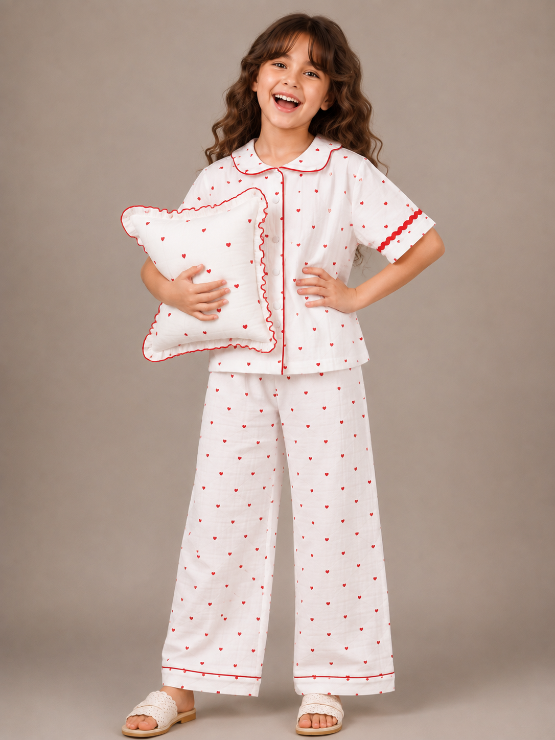 Girls White Heart Print Wide-Leg Co-Ord Set