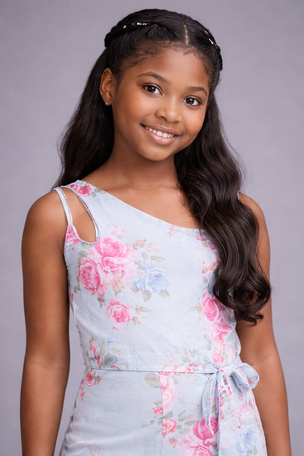 Light Blue One Shoulder Floral Jumpsuit for Girls