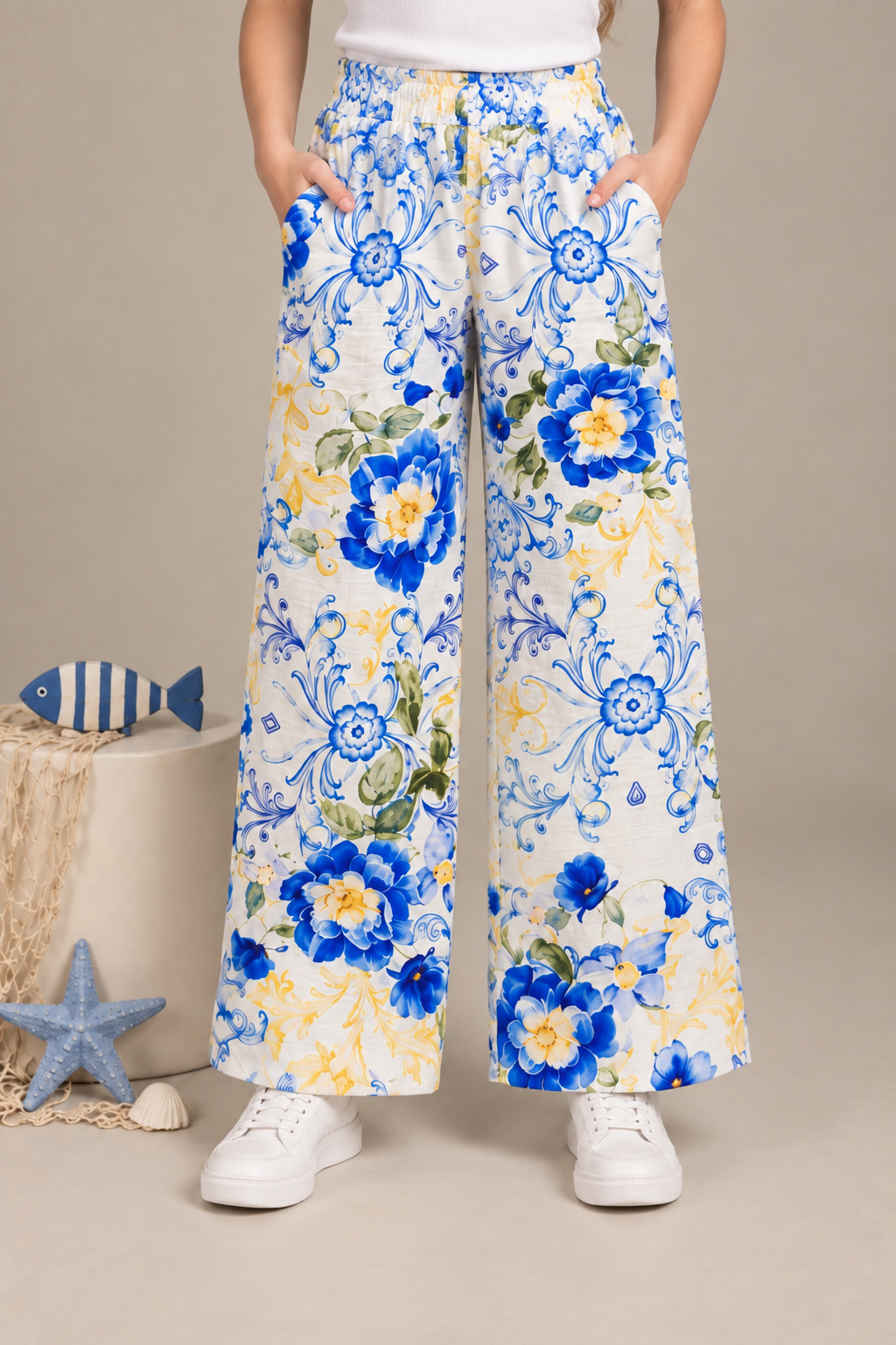 Blue & Yellow Floral Printed Relaxed-Fit Pants for Girls