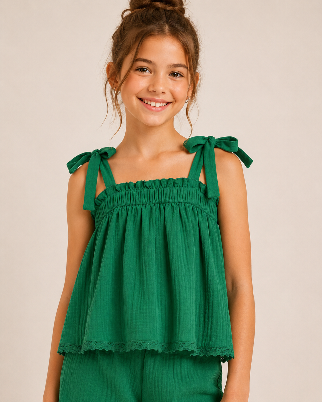 Pure Gauze Cotton Textured Green Spaghetti Top & Short Co-Ord for Kids Girls