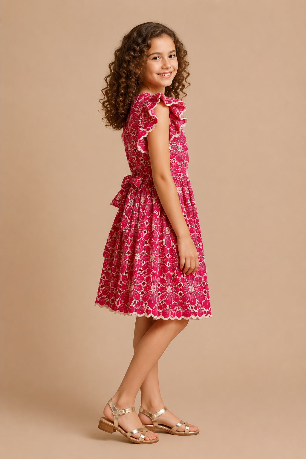 Floral Embroidery Pure Cotton Raspberry Pink For Kids Girl