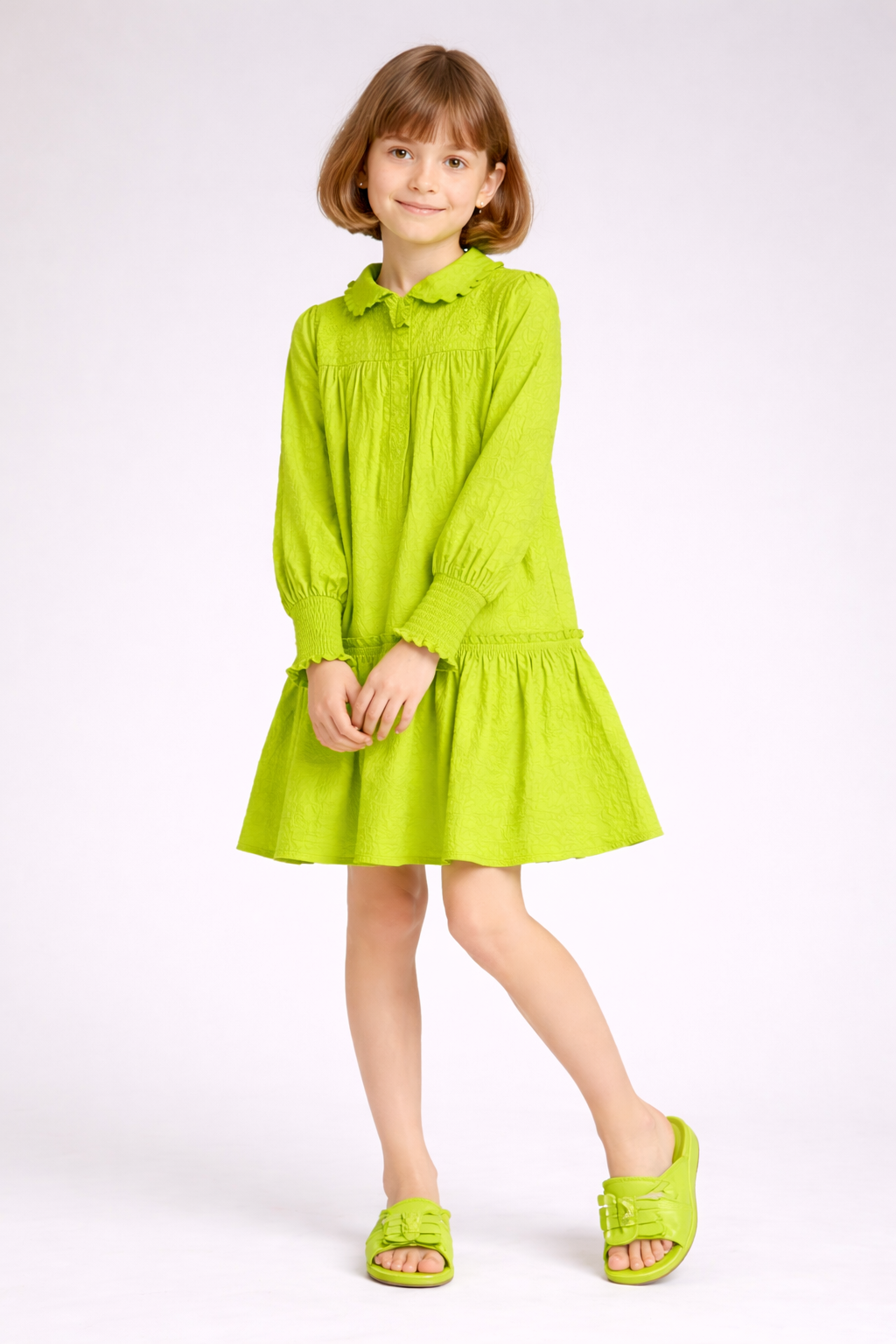 Pure Cotton Lime Green Shirt Collared Floral Embroidery Dress for Girls