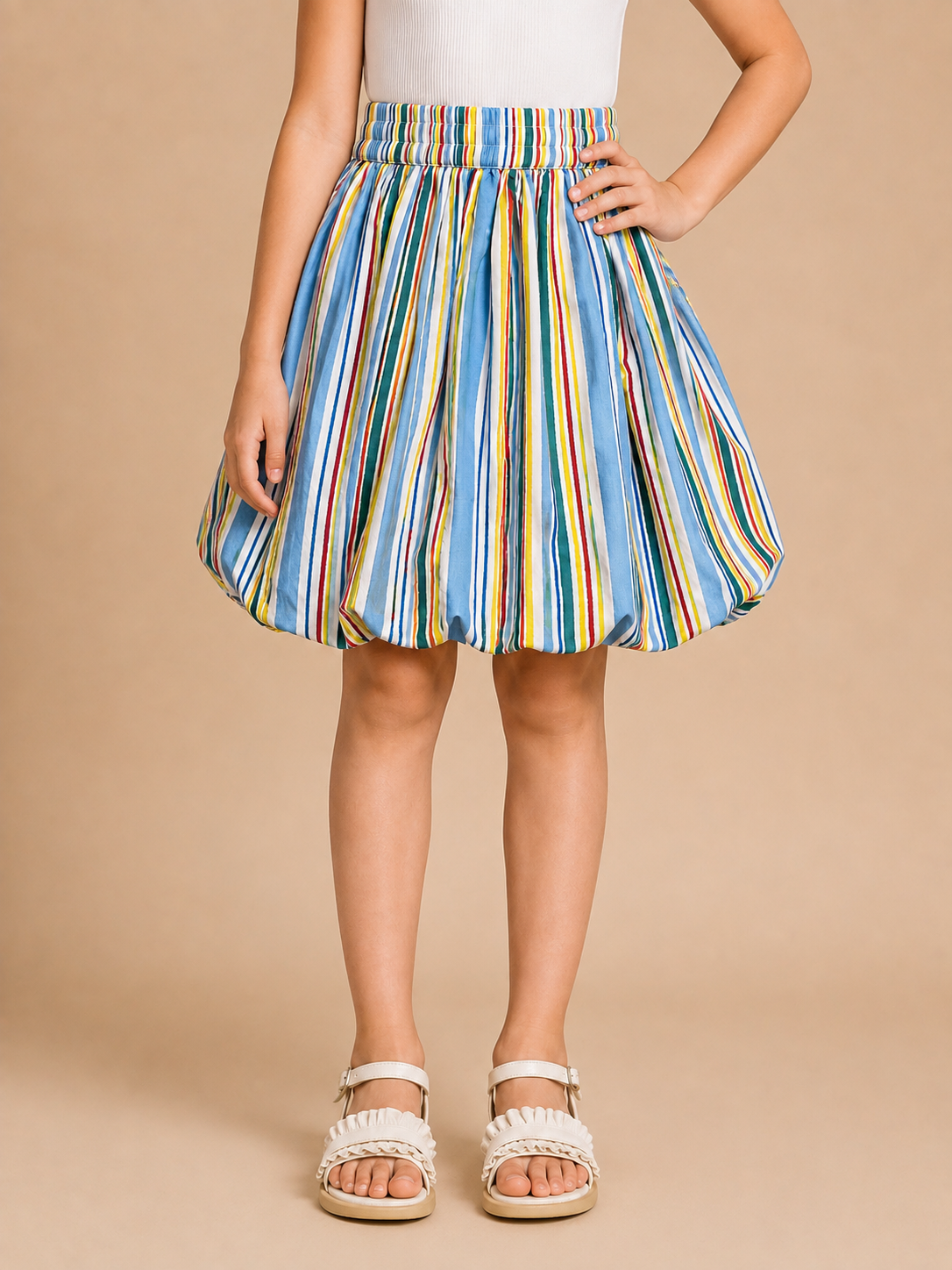 Pure Cotton Multicolor Striped Balloon Skirt for Girls