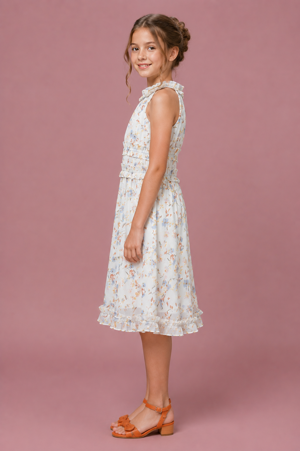 Daisy Dream Light Blue Floral Printed A-Line Dress in Georgette with Cotton Lining for Girl