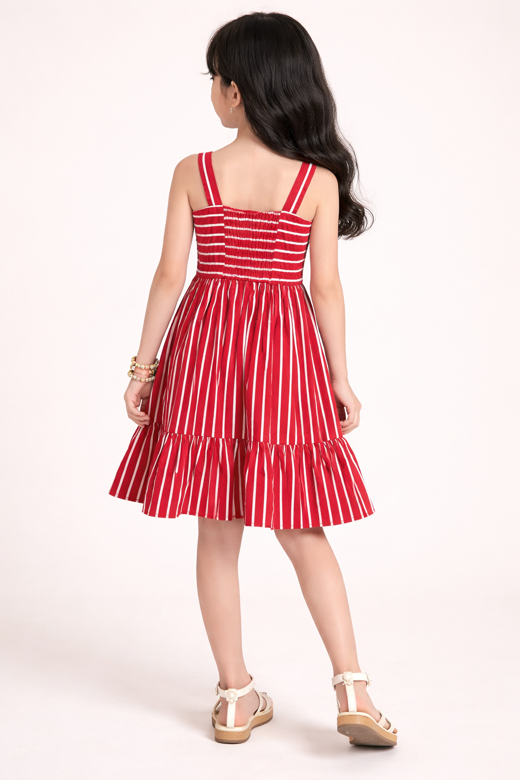 Fit & Flare A-line Pure Cotton Red & White Striped Dress for Girls