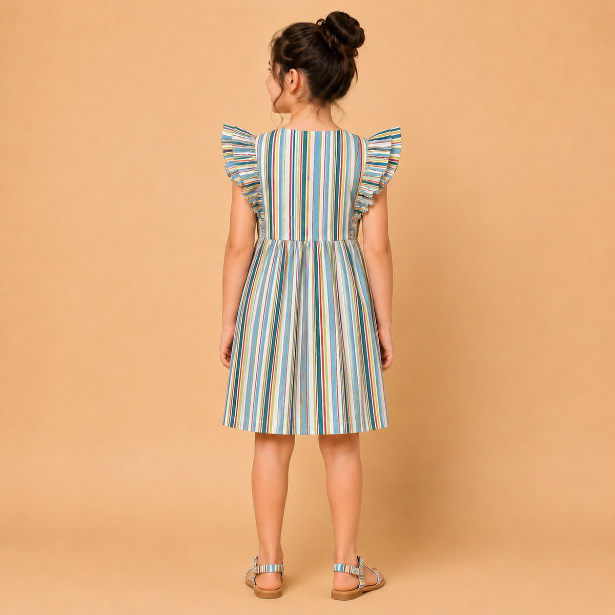 Multicolor Cotton Poplin Sleeveless Striped Dress for Girls