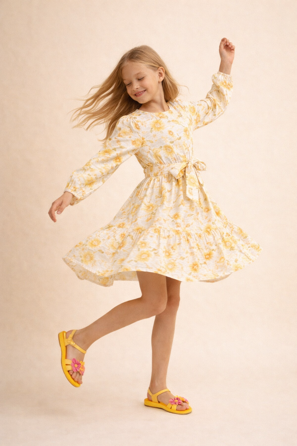 Natural Blend Fullsleeves Yellow Floral Printed Dress for Girls