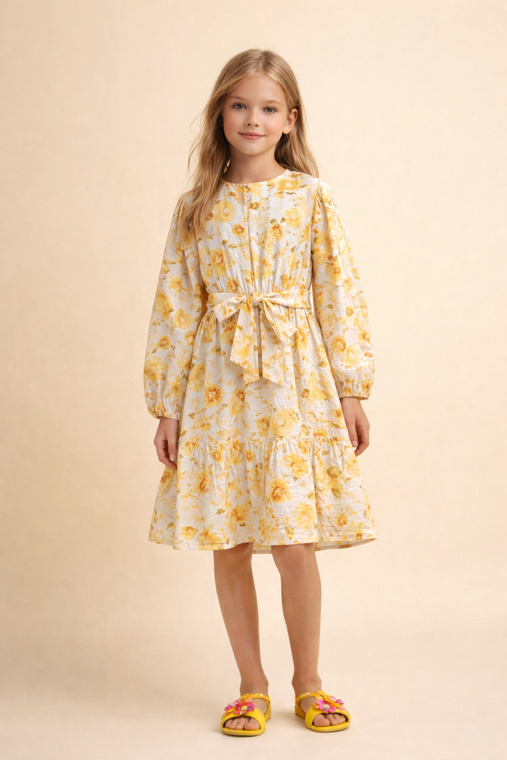 Natural Blend Fullsleeves Yellow Floral Printed Dress for Girls