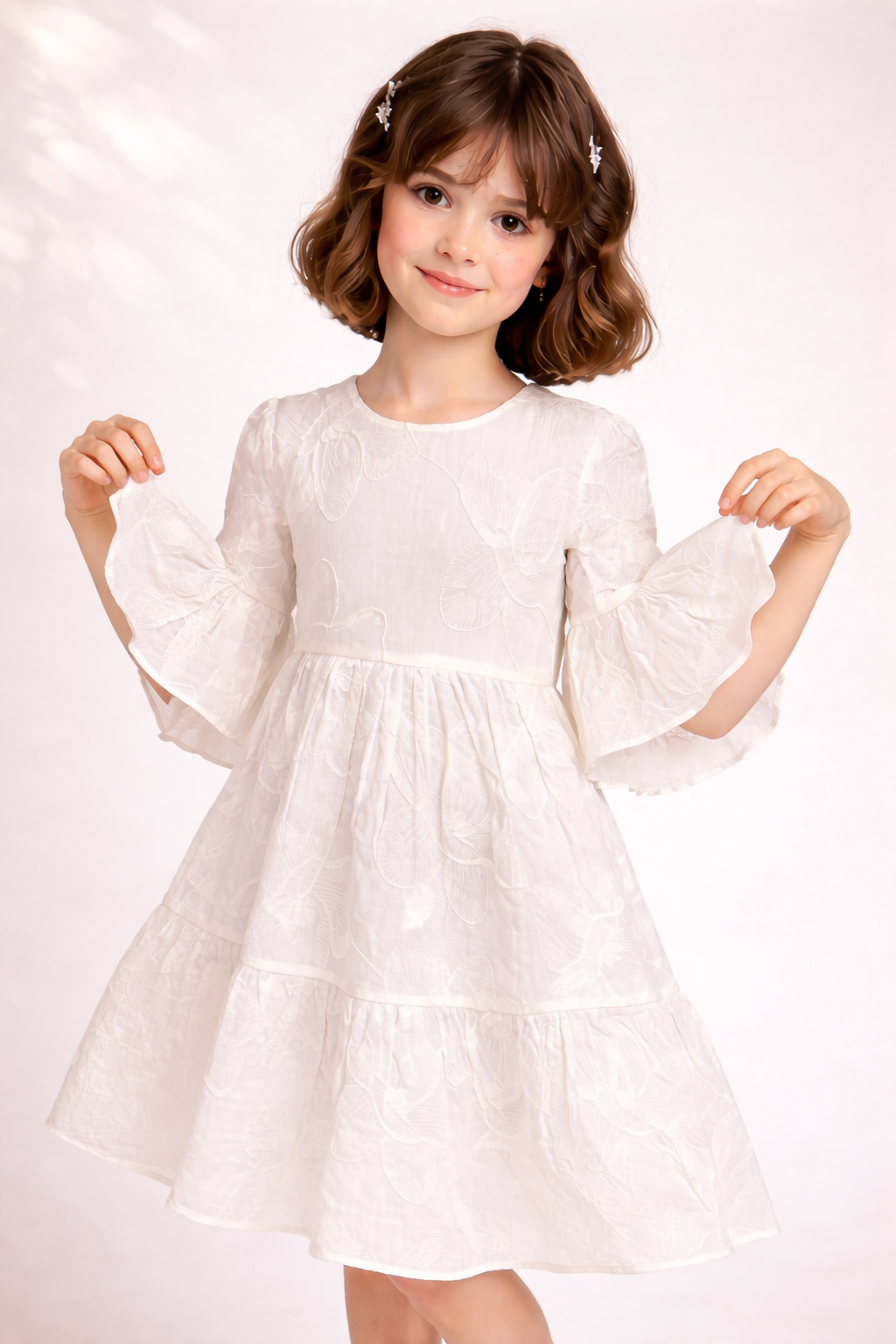 Natural blended White Floral Embroidery A-line Dress for Girls