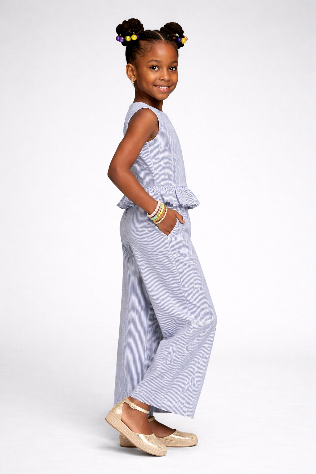 Cut Sleeves Striped Cotton blend Co-ord Set for Girls