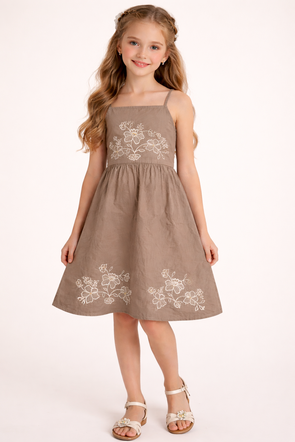 Floral Embroidered Brown Sleeveless Cotton Dress for Kids Girls