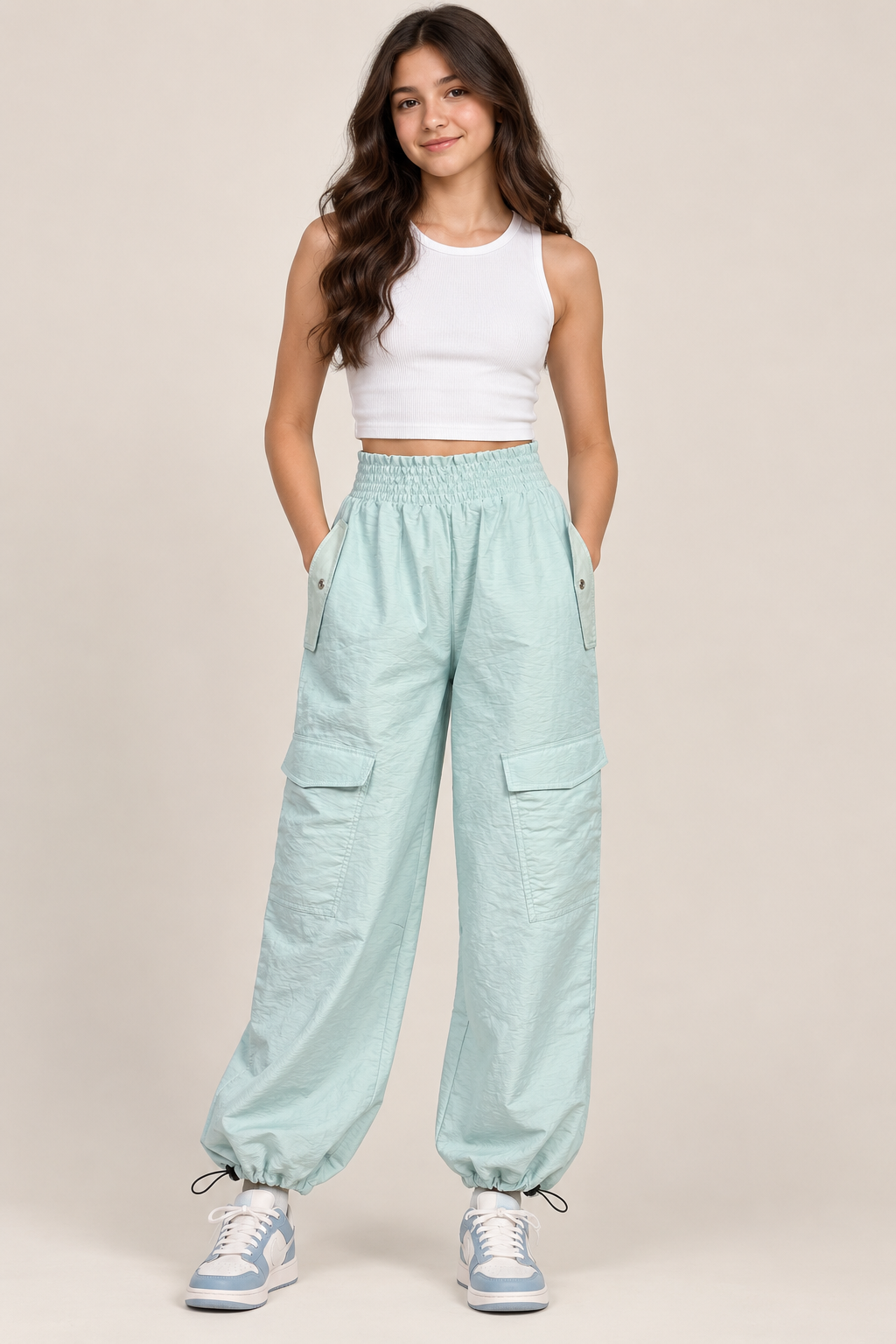 Stylish Mint Blue Utility Cargo Jogger Pants for Girls
