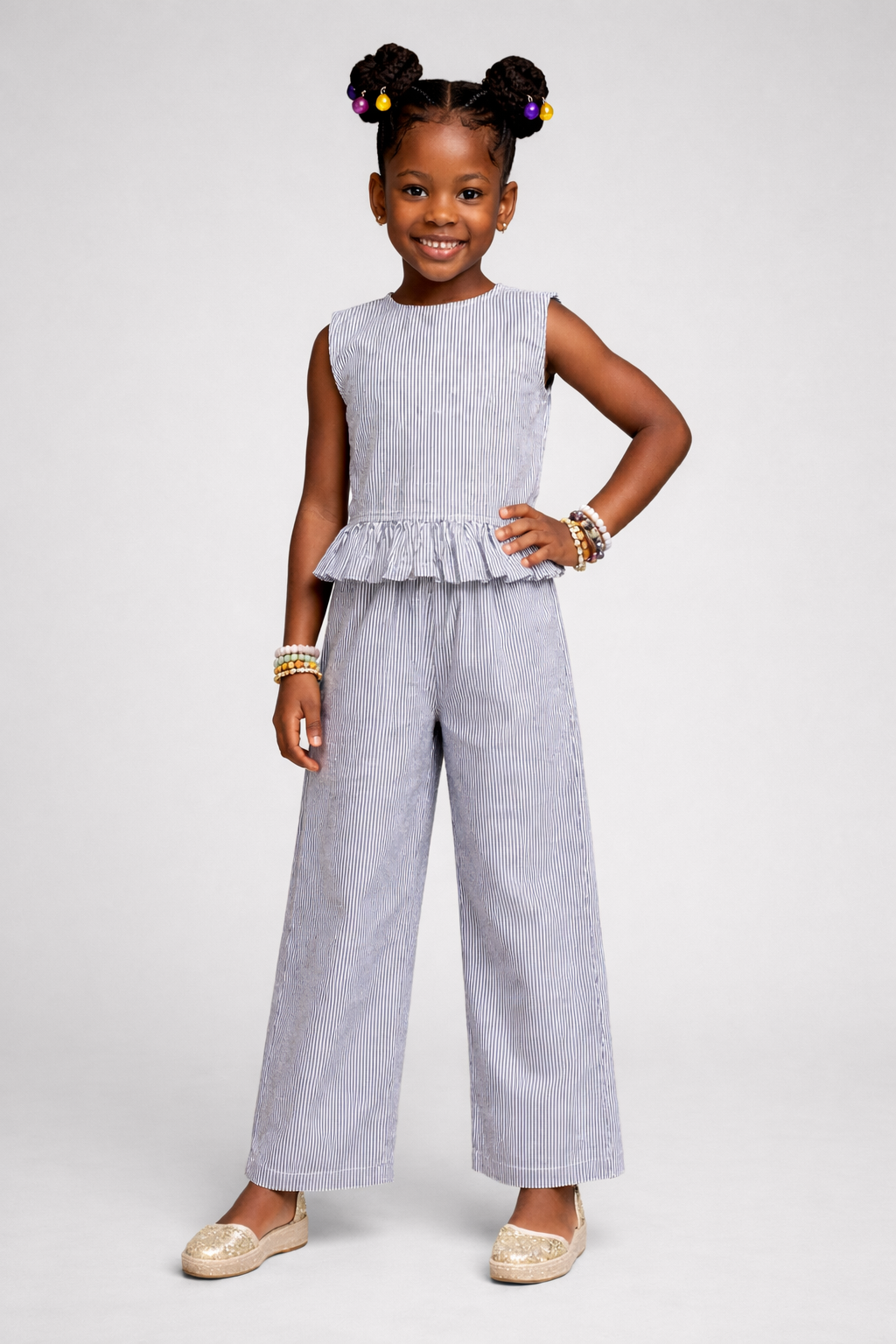 Cut Sleeves Striped Cotton blend Co-ord Set for Girls