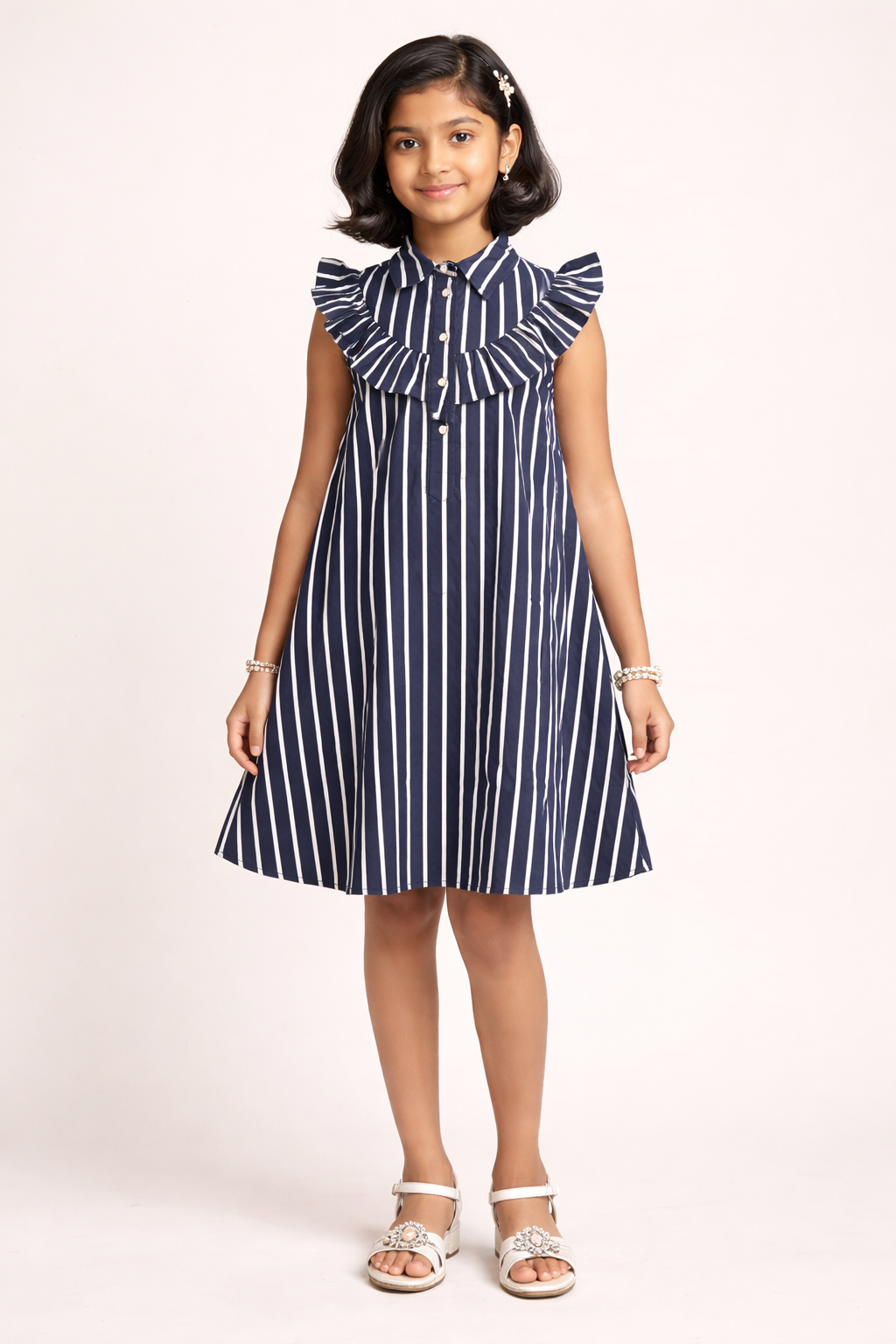 Natural Blend Navy Blue Thin Striped Sleeveless Dress for Girls