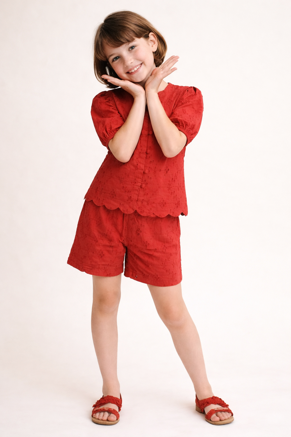 Rust Brown Cotton Schiffli Top and Bottom Co-ord set for Girls