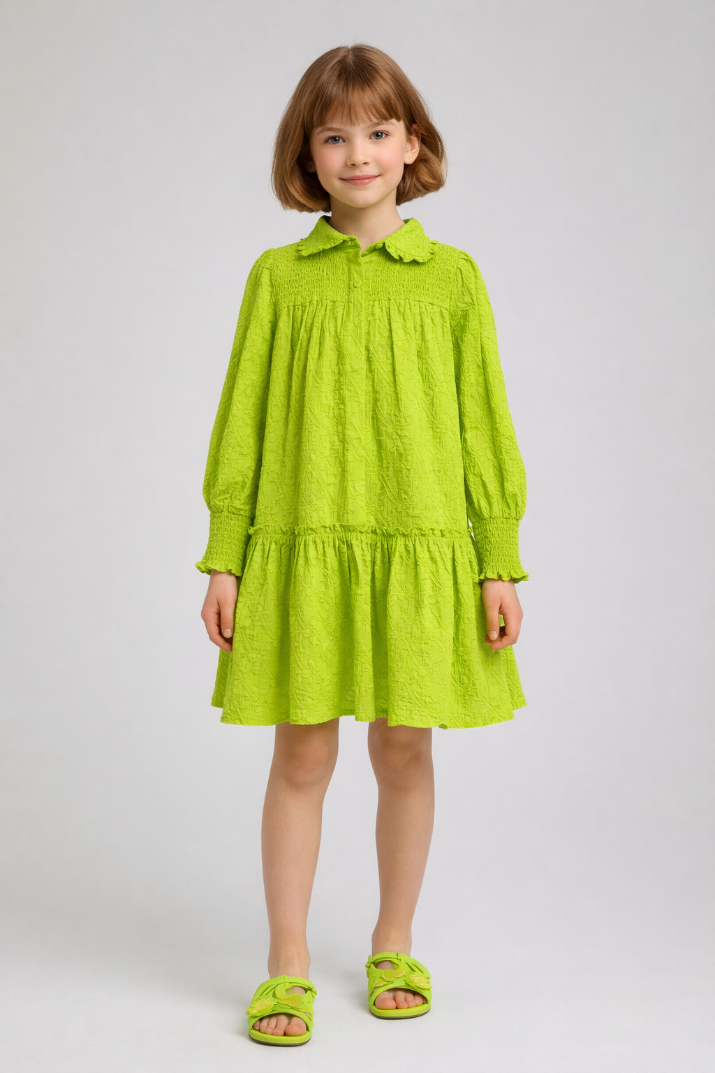 Pure Cotton Lime Green Shirt Collared Floral Embroidery Dress for Girls