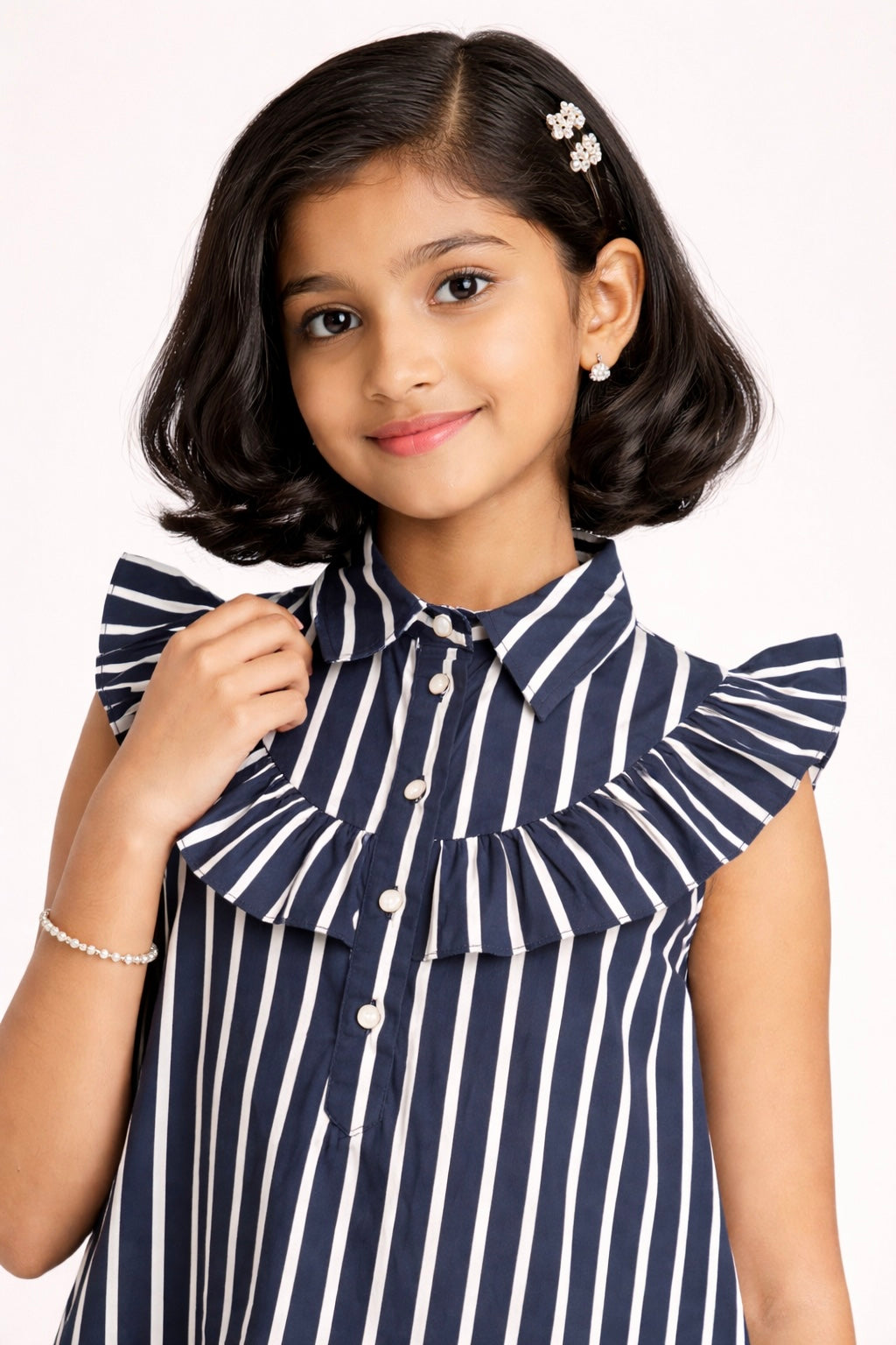 Natural Blend Navy Blue Thin Striped Sleeveless Dress for Girls