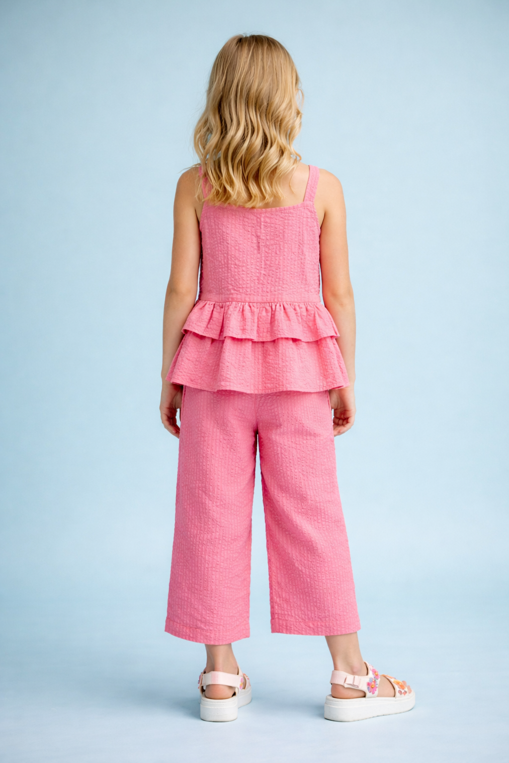 Seer Sucker Cotton Sleeveless Rose Pink Co-ord set for Girls