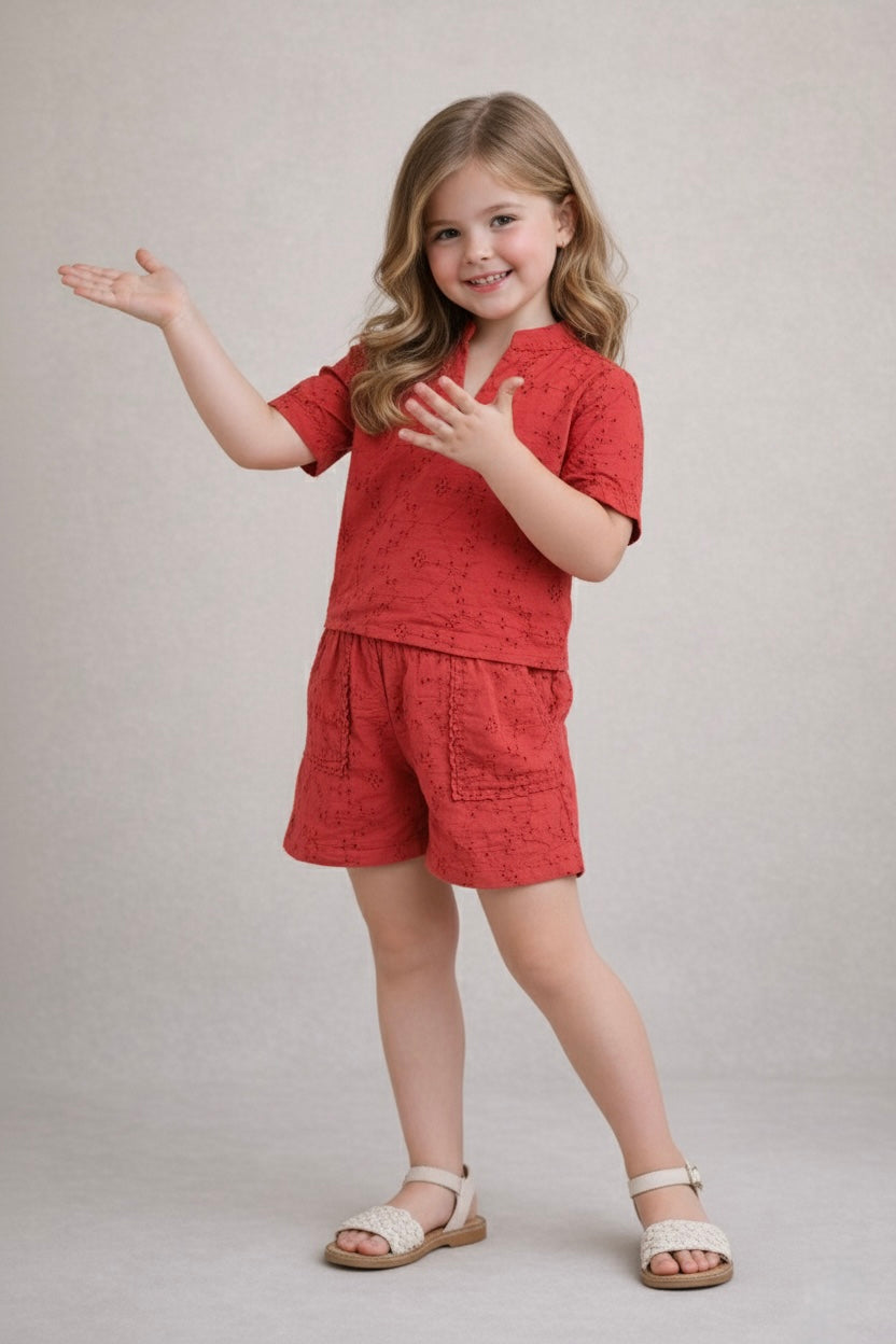 Rust Brown Half sleeve co-ordinate made in Floral Schiffli Cotton for kids