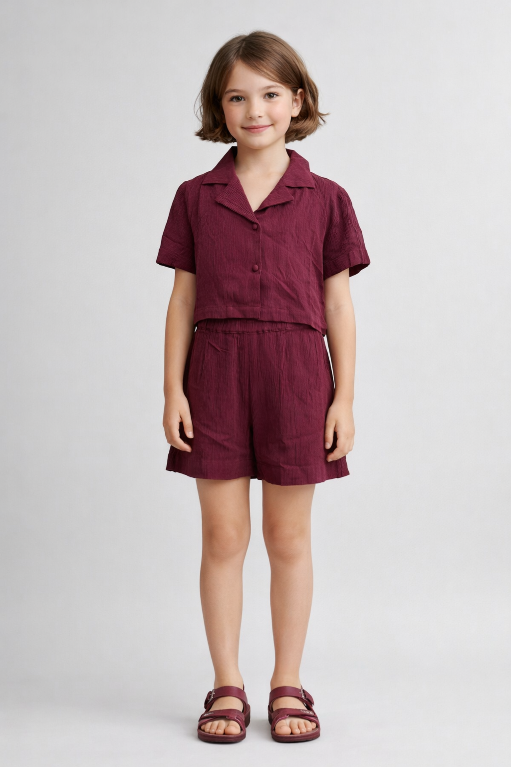 Crinkle Wine color Co-Ord Set in Crepe for Girls