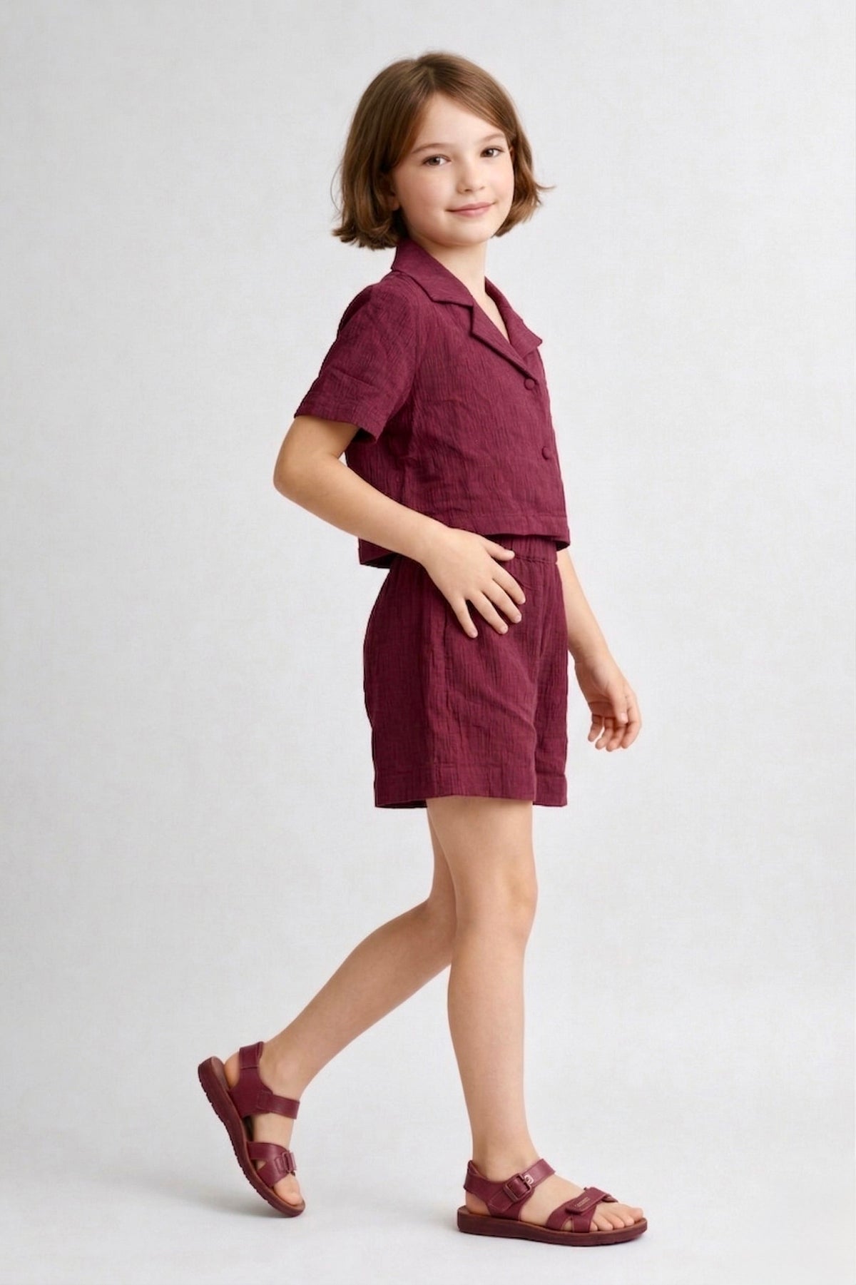 Crinkle Wine color Co-Ord Set in Crepe for Girls