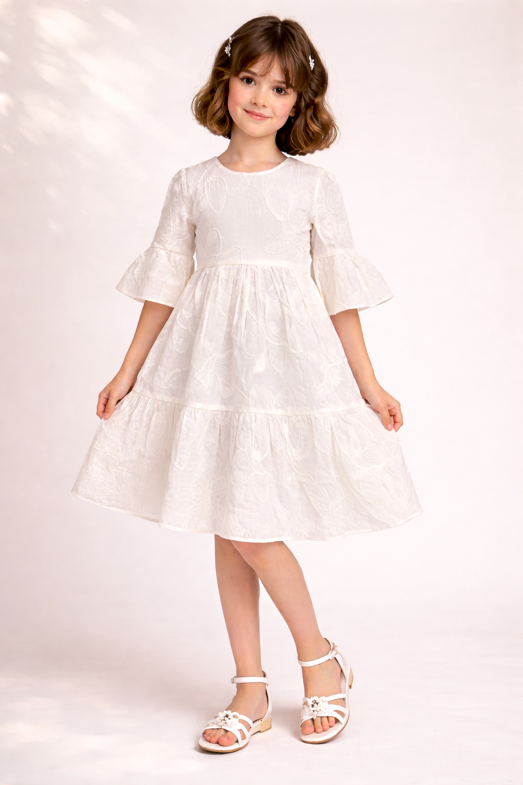Natural blended White Floral Embroidery A-line Dress for Girls