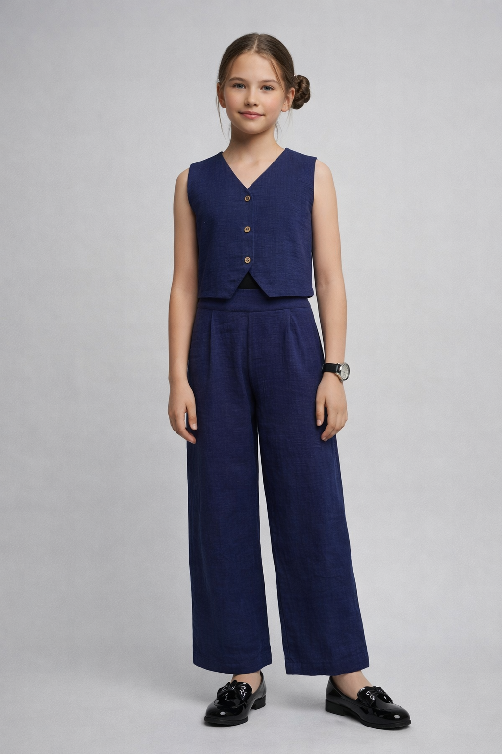 Navy Blue Gauze Textured Sleeveless Pure Cotton Co-ord Set for Girls