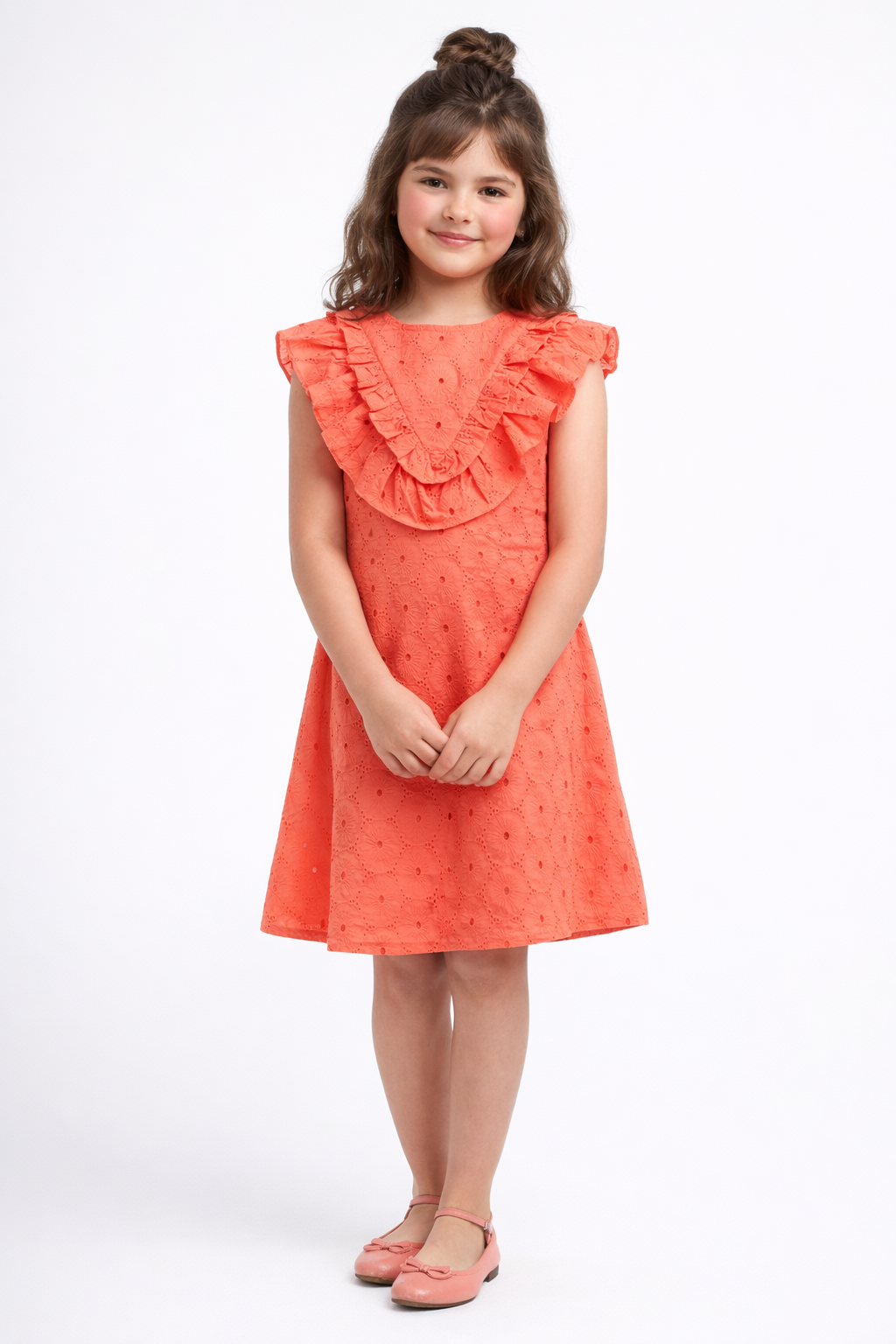 Kalina Orange Cotton Schflly Dress for Girls