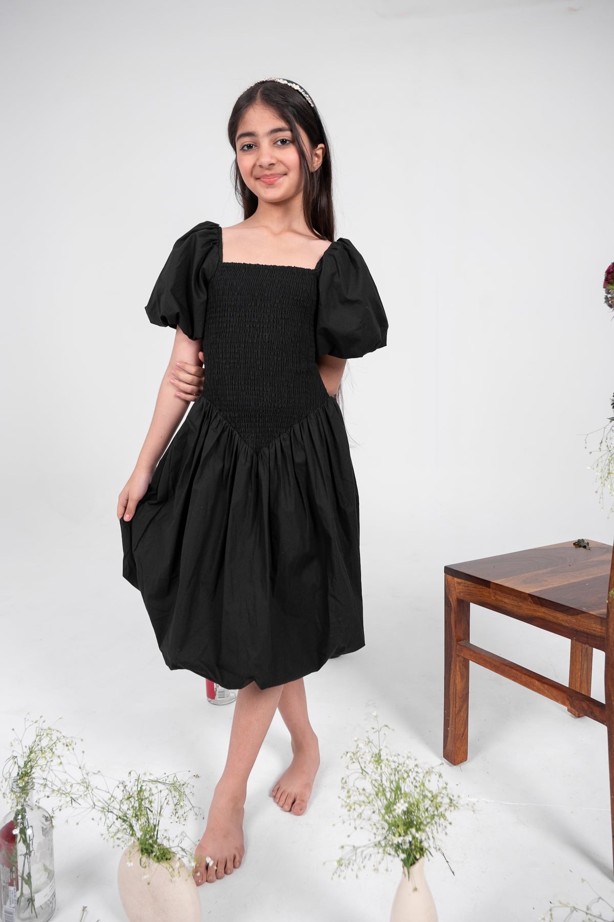 Midnight Bloom Smock Dress - Black
