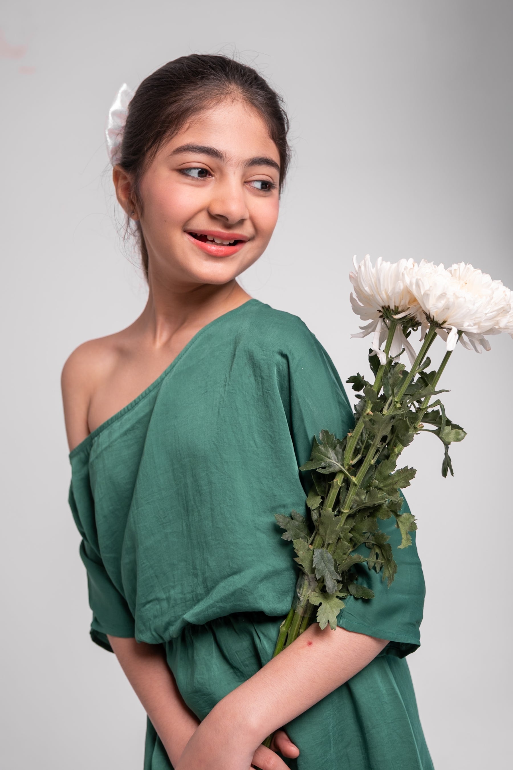 Emerald Off-Shoulder Dress – Satin Green