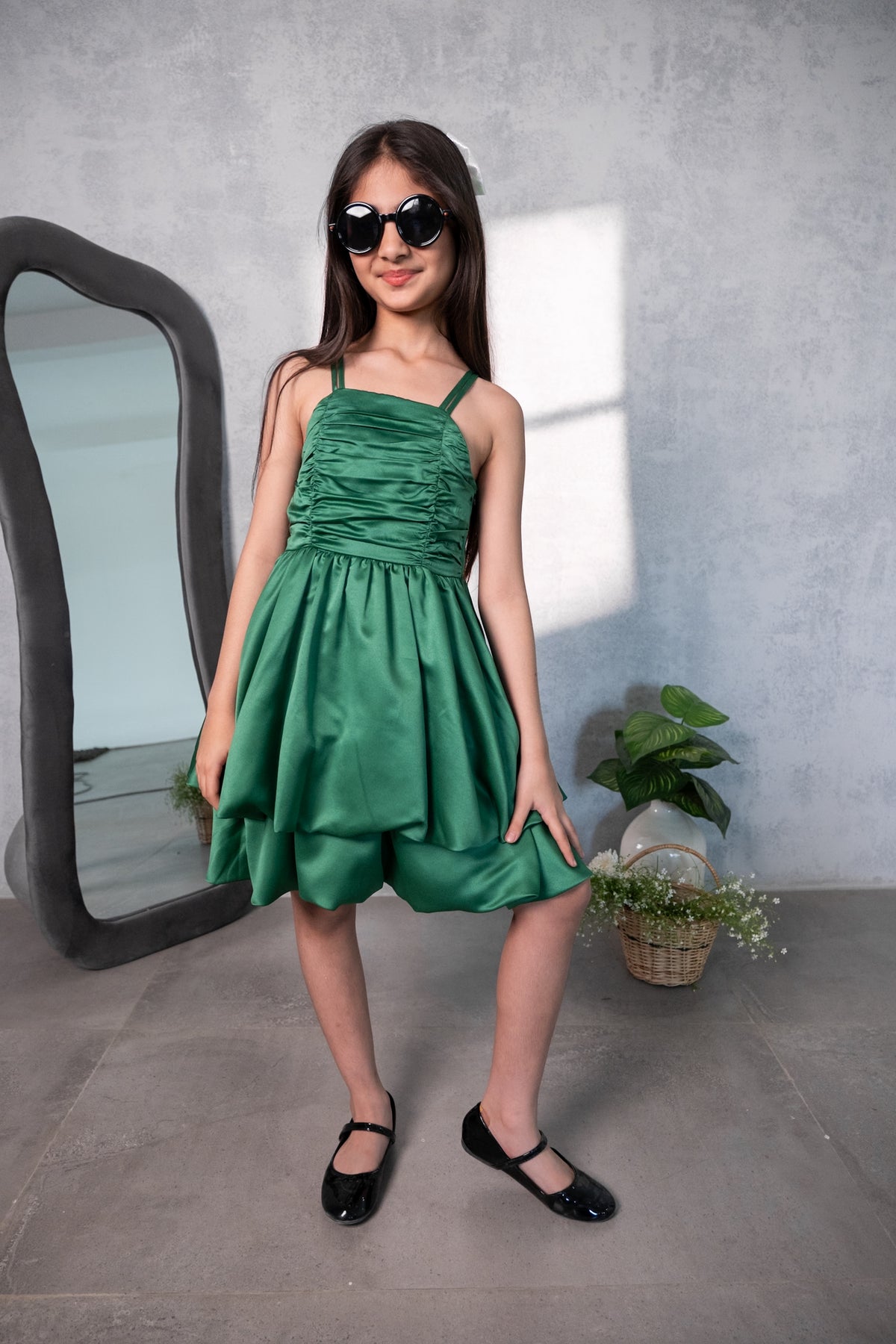 Emerald Twirl Satin Dress