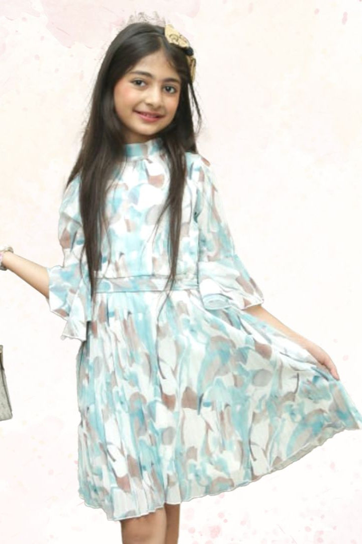 A - line Blue and White Clover Printed Girl Dress - Black & Gold