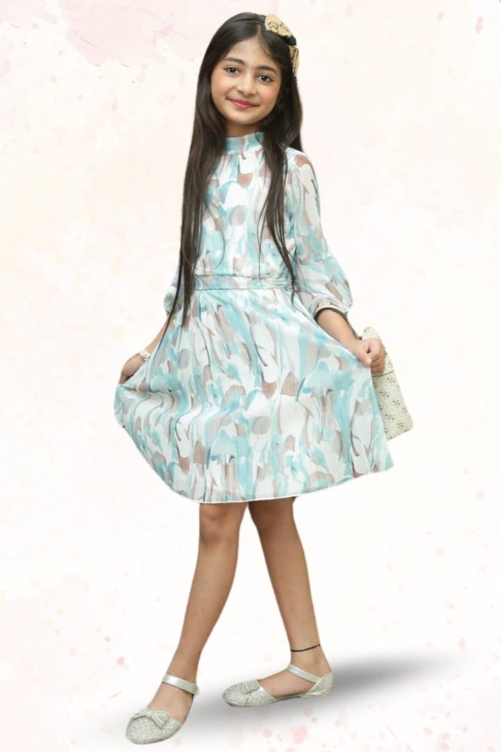 A - line Blue and White Clover Printed Girl Dress - Black & Gold