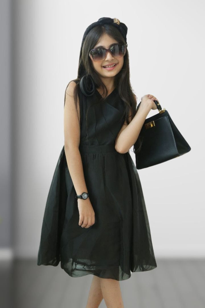 Black Hazel Rayon Girl Dress - Black & Gold