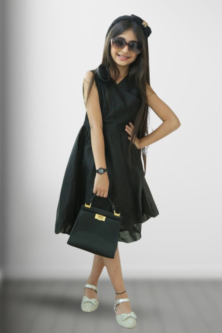 Black Hazel Rayon Girl Dress - Black & Gold