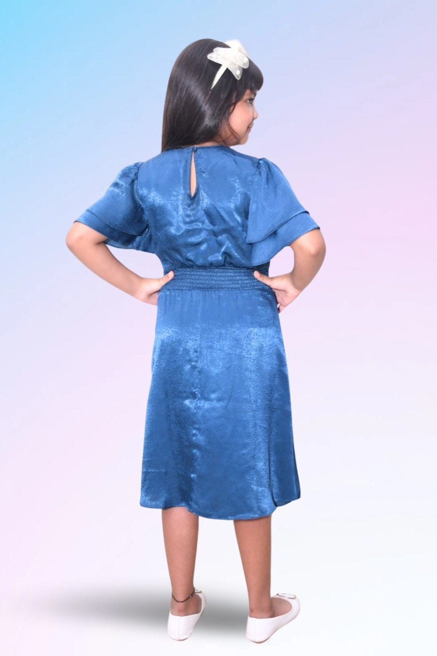 Canna Solid Blue Ruffle Sleeve Partywear Dress For Girls - Black & Gold