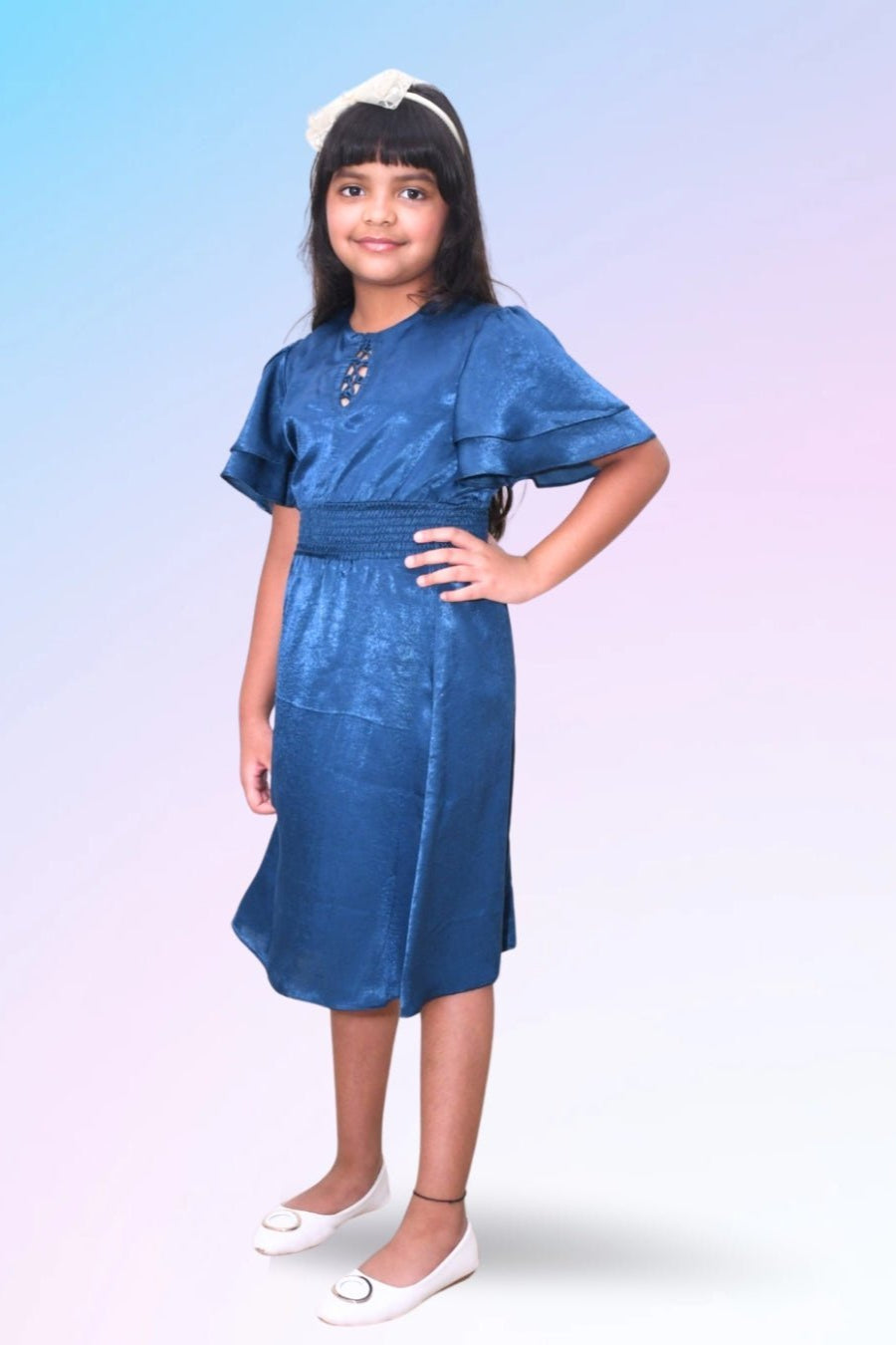 Canna Solid Blue Ruffle Sleeve Partywear Dress For Girls - Black & Gold