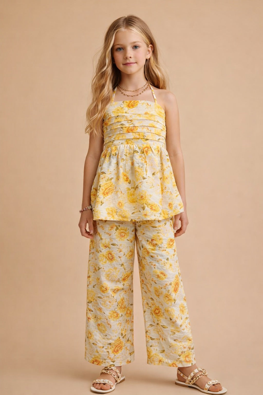 Halter Neck Yellow Digital floral Print Co-ord set for Girls in Natural Blended Fabric