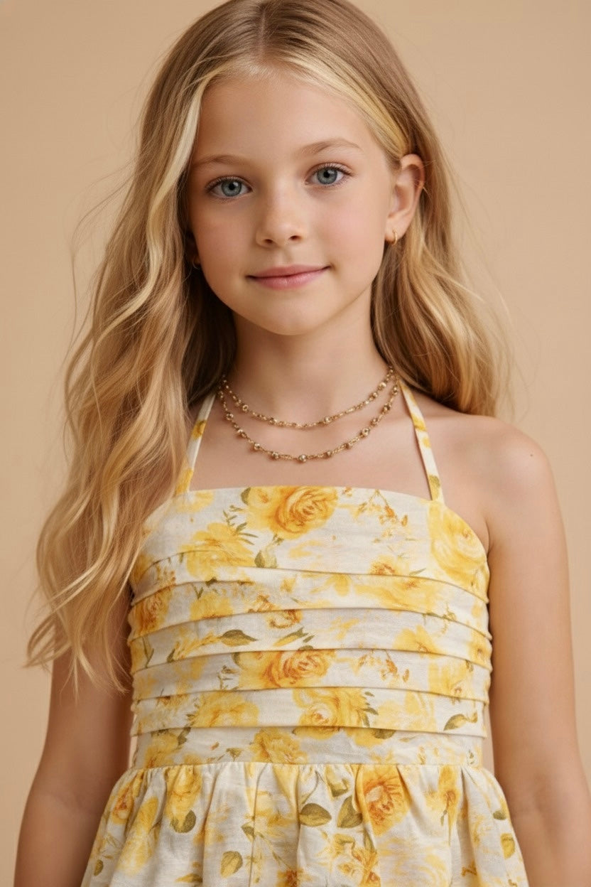 Halter Neck Yellow Digital floral Print Co-ord set for Girls in Natural Blended Fabric