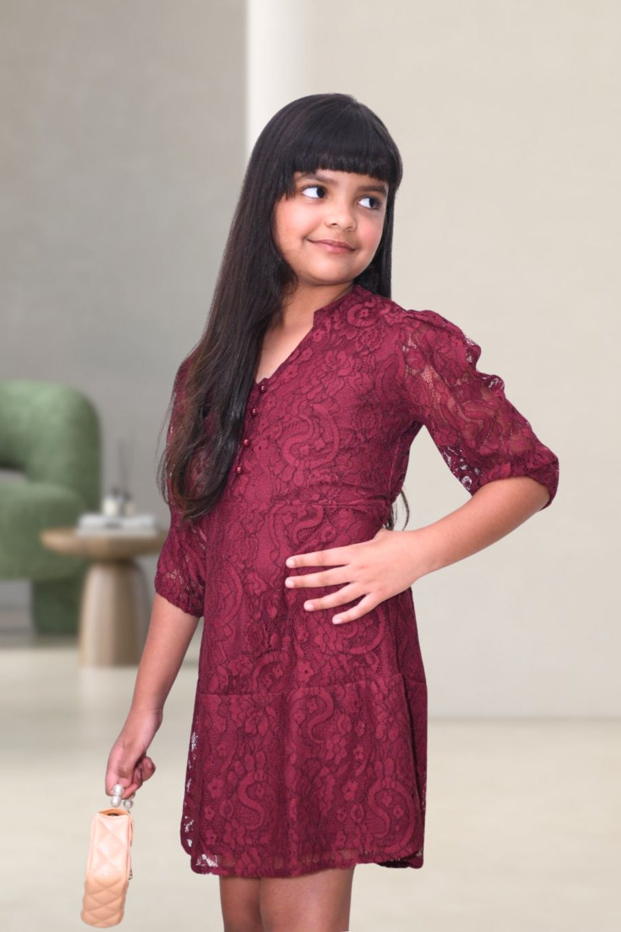 Erica Wine Lace Partwear Dress for Girls - Black & Gold