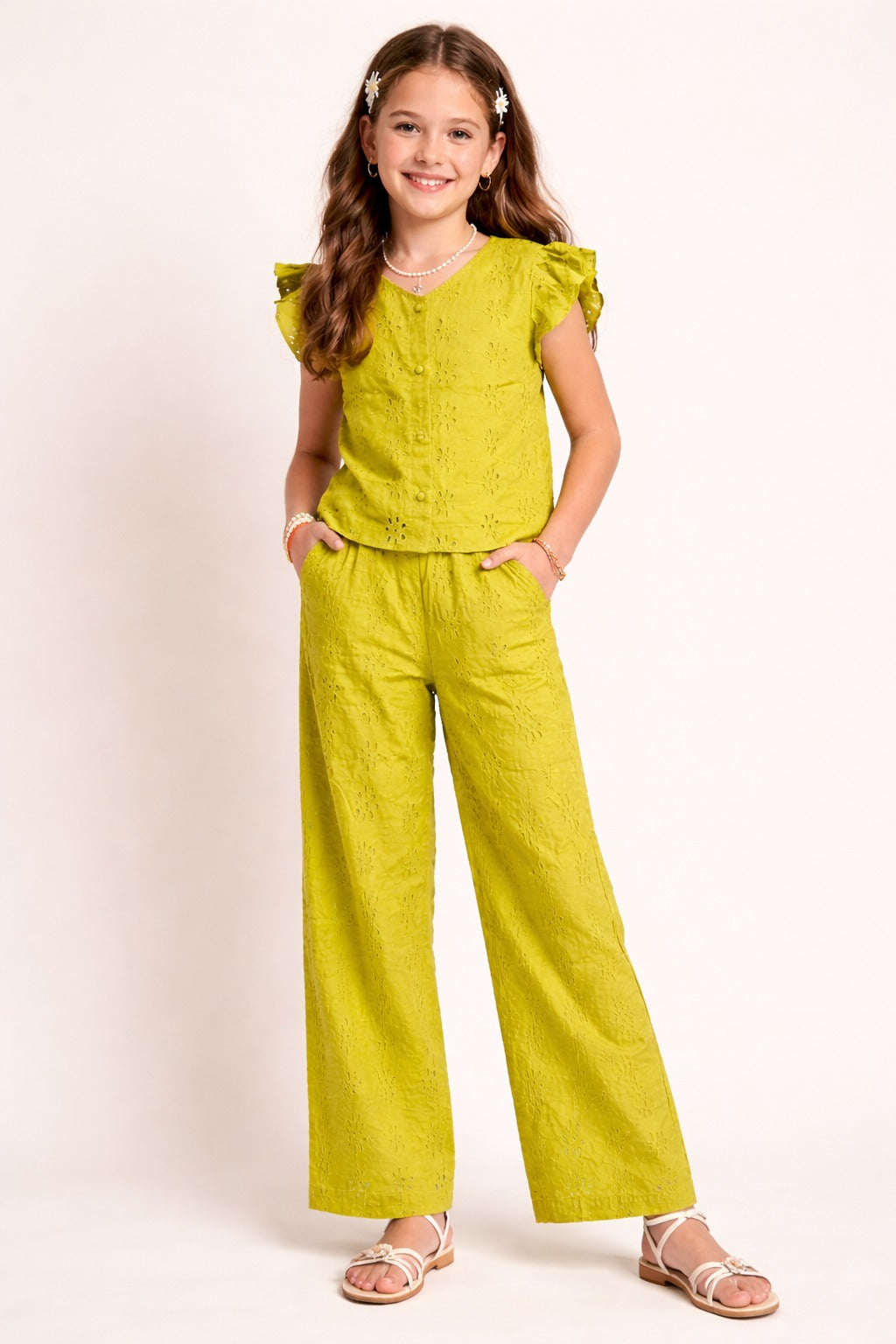 Mustard Yellow Foral Schiflli Sleeveless Co-ord Set for Kids Girls