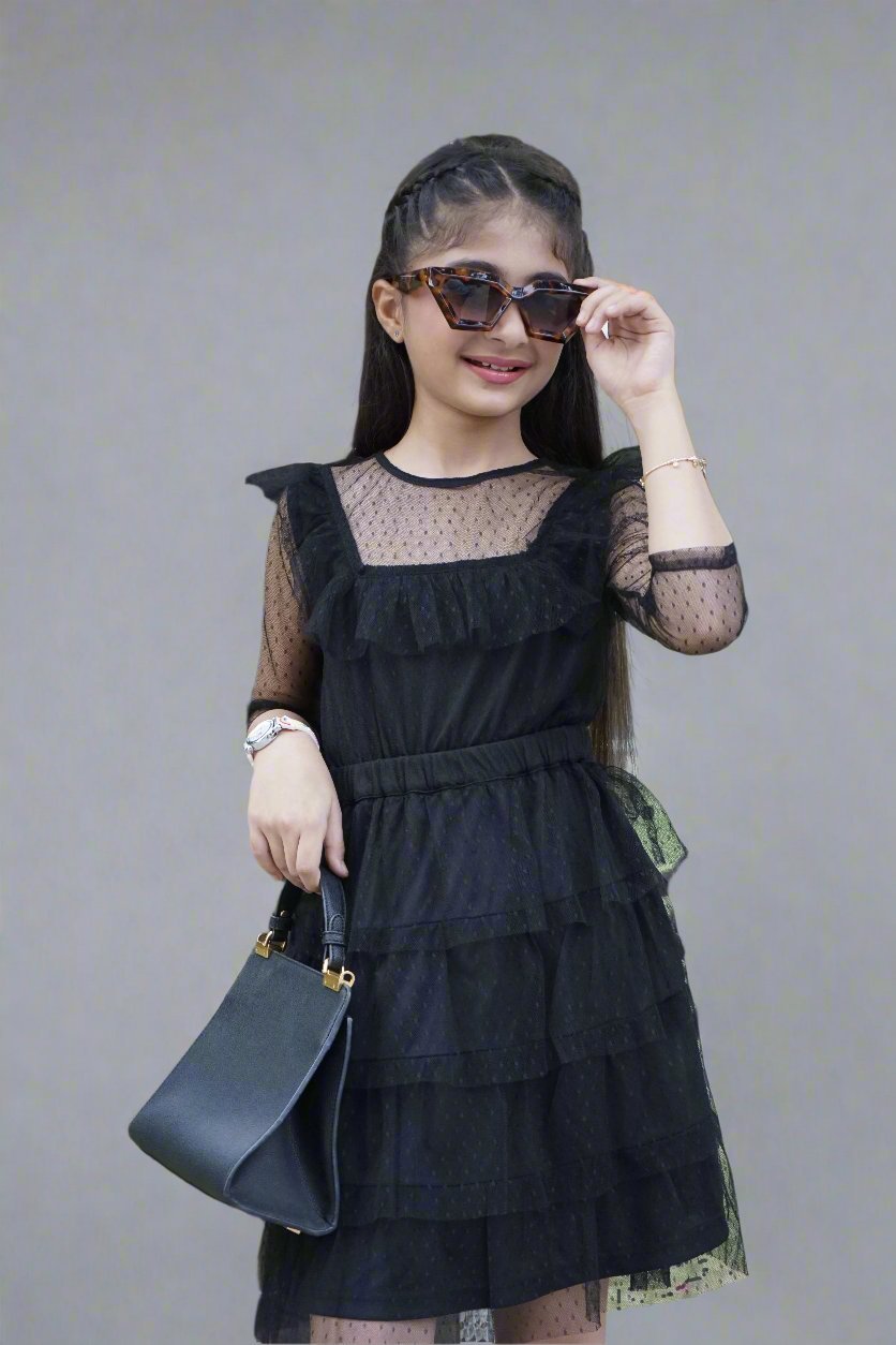 Girls Mystic Netting Dress - Black & Gold