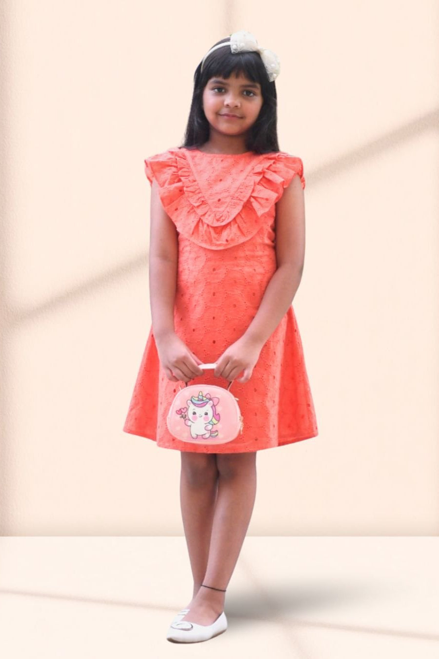 Kalina Orange Cotton Schflly Dress for Girls - Black & Gold