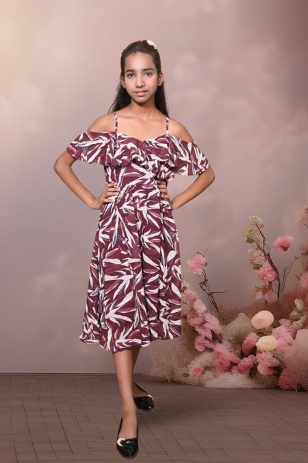 Kamala Abstract Printed Knee Length Off Shoulder3/4 Length Maxi Dress for Girls - Black & Gold